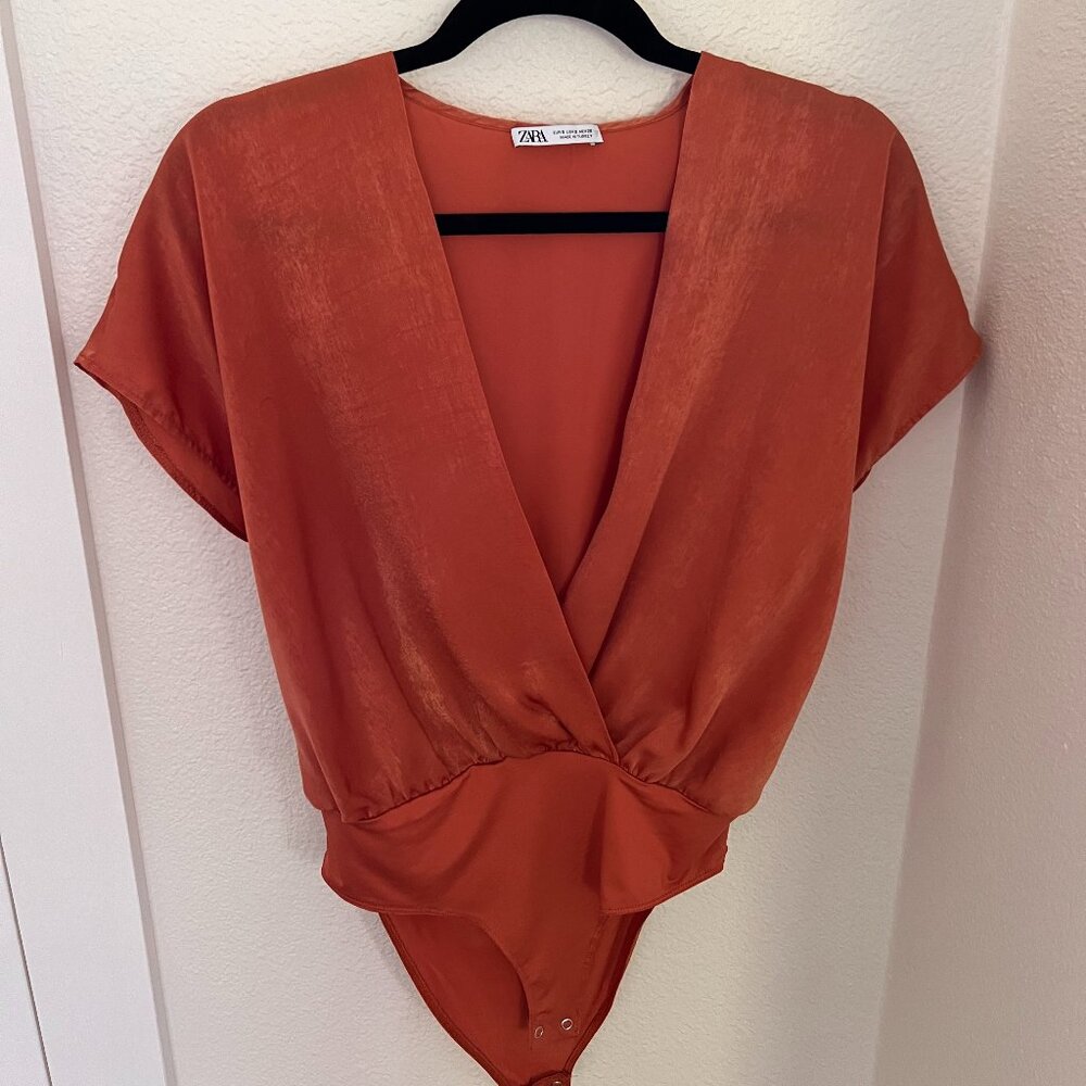 ZARA Low Cut Orange BodySuit Top Silky Fabric